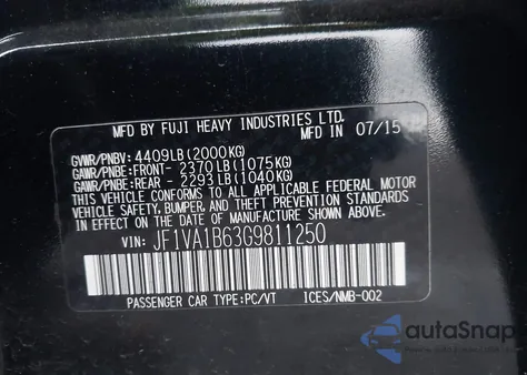 2016 Subaru Wrx из США, поврежденный, VIN JF1VA1B63G9811250